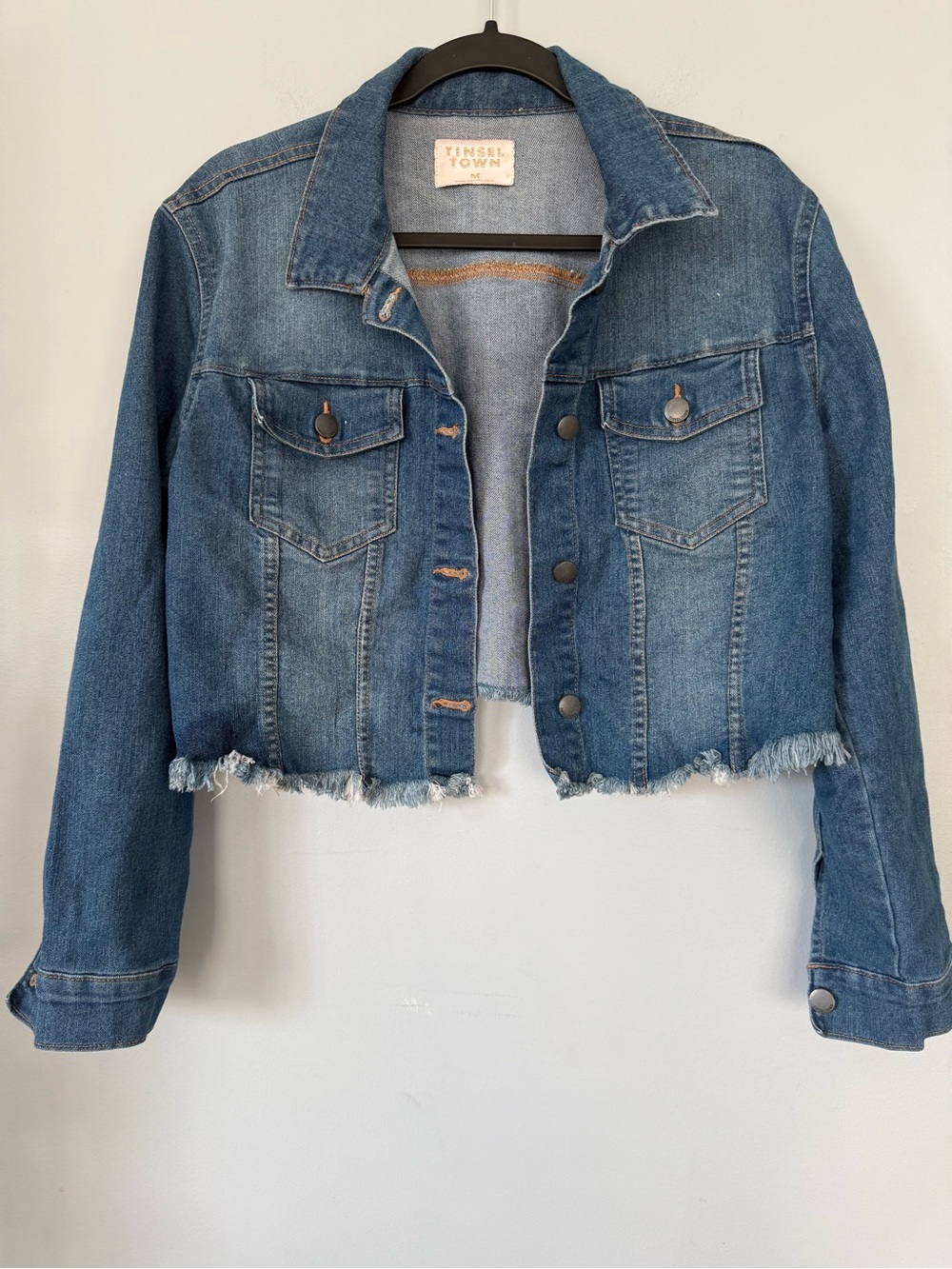 Tinsel Town Cropped Distressed Denim Jacket Medium Wash Size Medium